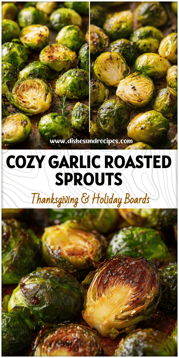 Golden garlic roasted Brussels sprouts on a baking sheet, a cozy veggie side dish for winter gatherings.